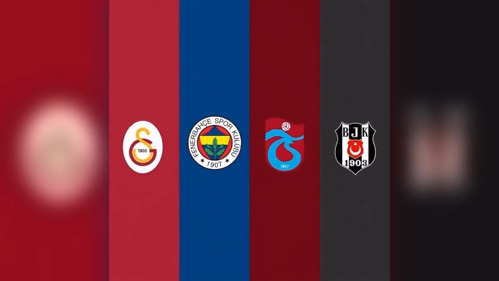 Renkli dikey bantlarda Galatasaray, Fenerbahçe, Trabzonspor ve Beşiktaş amblemleri; kenarlarda bulanık figürler.