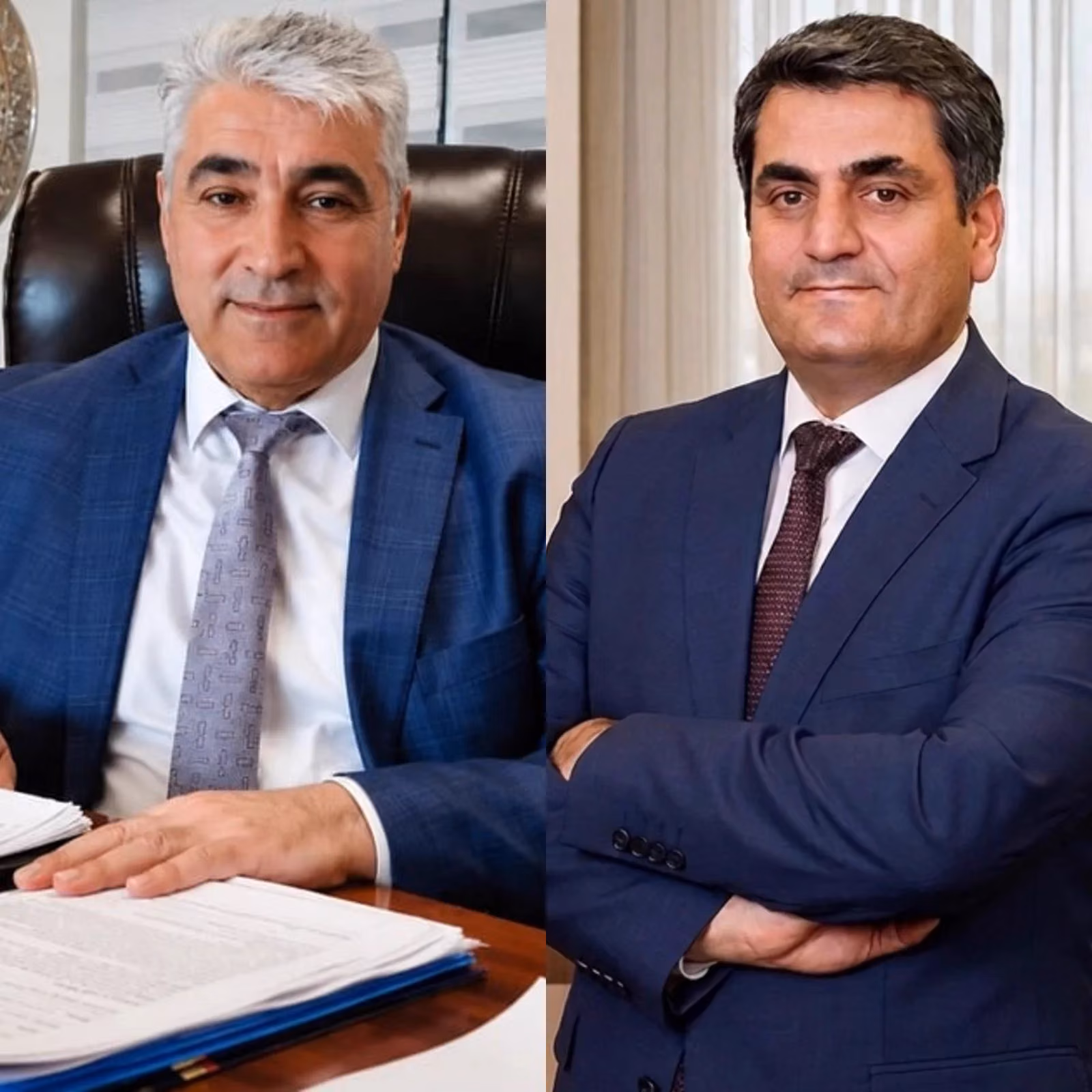 Solda gri saçlı adam mavi takımıyla masada evraklar önünde oturuyor; sağda lacivert takımlı adam kollarını kavuşturmuş duruyo