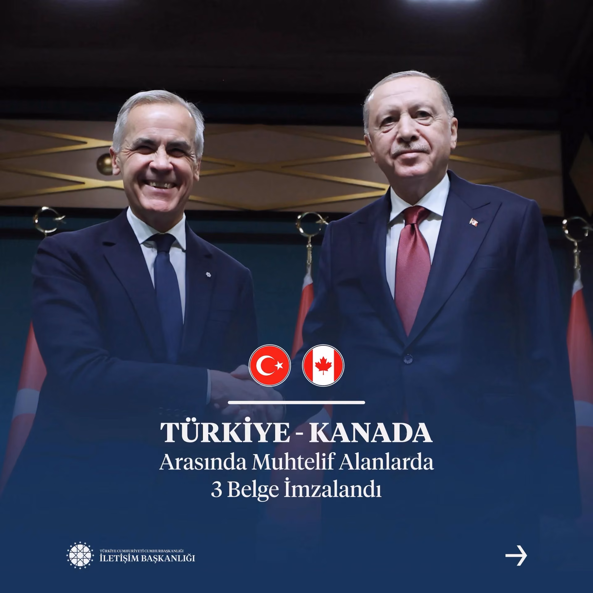 Takım elbiseli iki erkek el sıkışıyor, arkalarında Türk ve Kanada bayrakları var. Altta Türkiye-Kanada 3 belge yazısı.