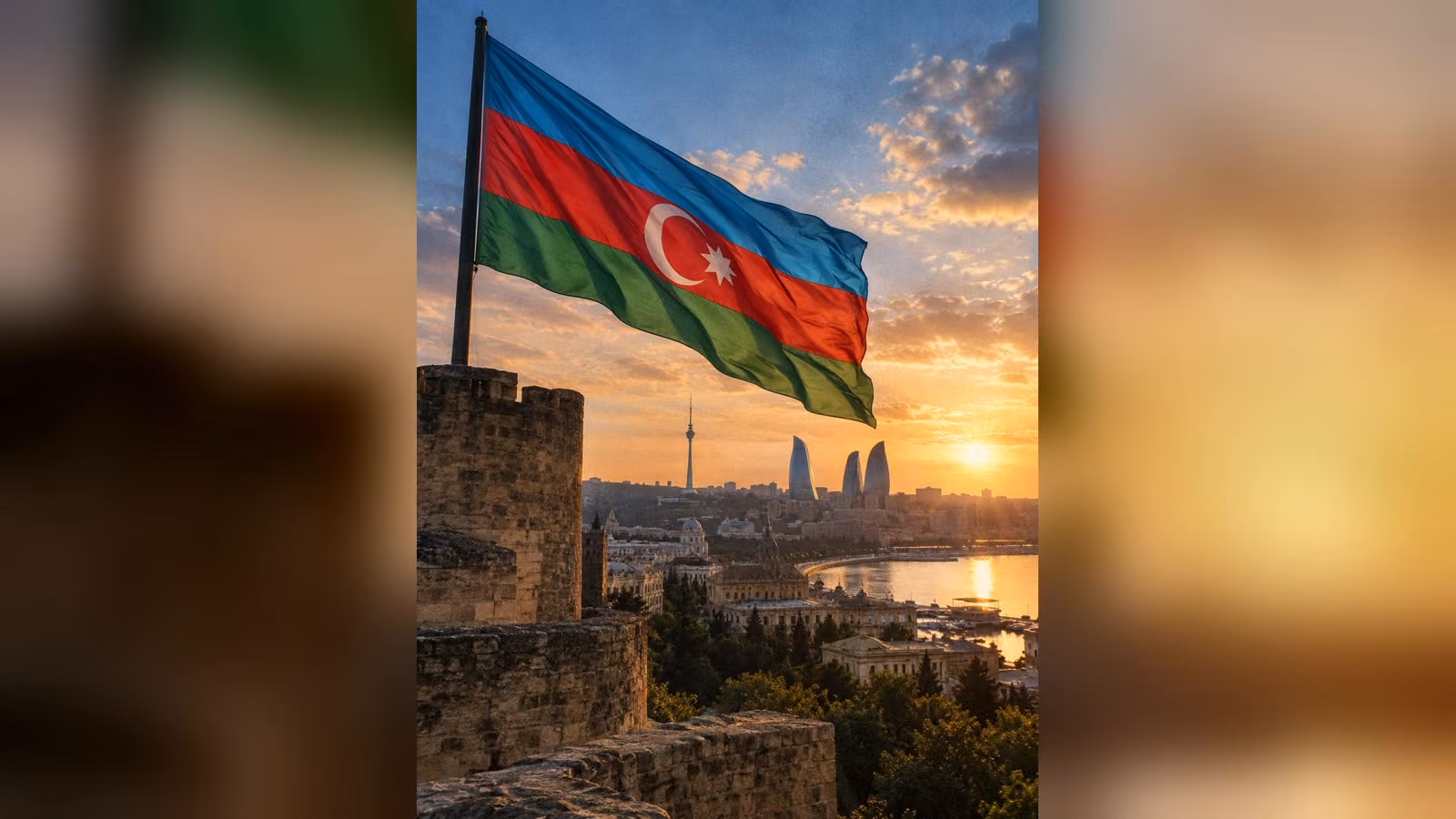 Gün batımında taş surların üzerinde dalgalanan Azerbaycan bayrağı; arkada Alev Kuleleri ve Bakü'nün deniz kıyısı görünüyor.
