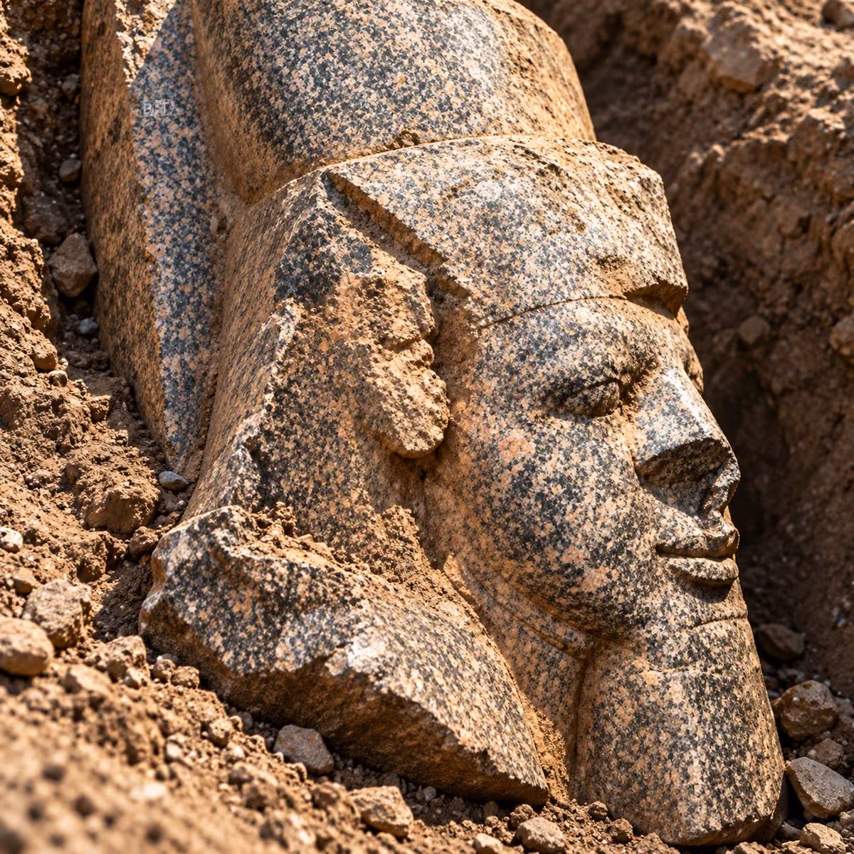 Toprağın içinden yarı görünen, kırmızımsı benekli granit bir heykelin başı; üzerinde çizgili kraliyet başlığı ve yüz hatları