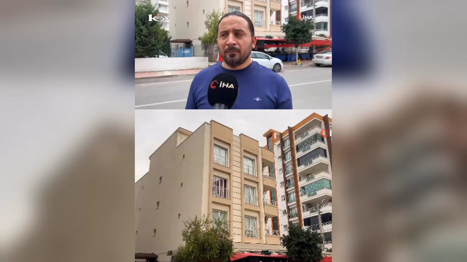 Üstte mavi üstlü bir adam sokakta röportaj veriyor; altta balkonlu, krem renkli bir apartman binası görünüyor.